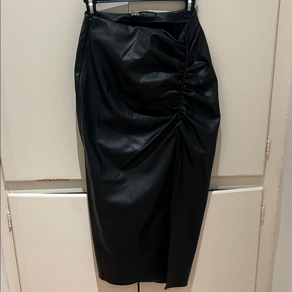 Zara Black Faux Leather Skirt with Slit